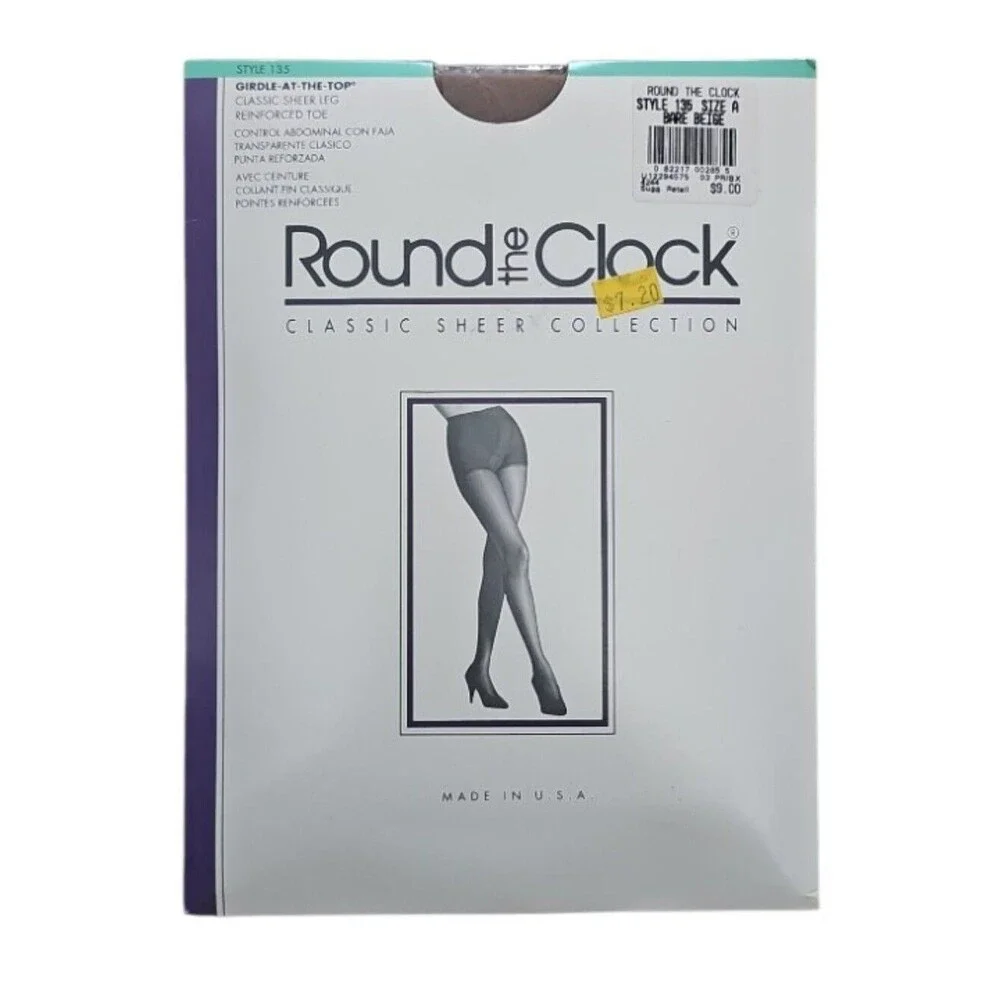 Vintage Round the Clock Pantyhose A Bare Beige Girdle Top Sheer NOS 90s